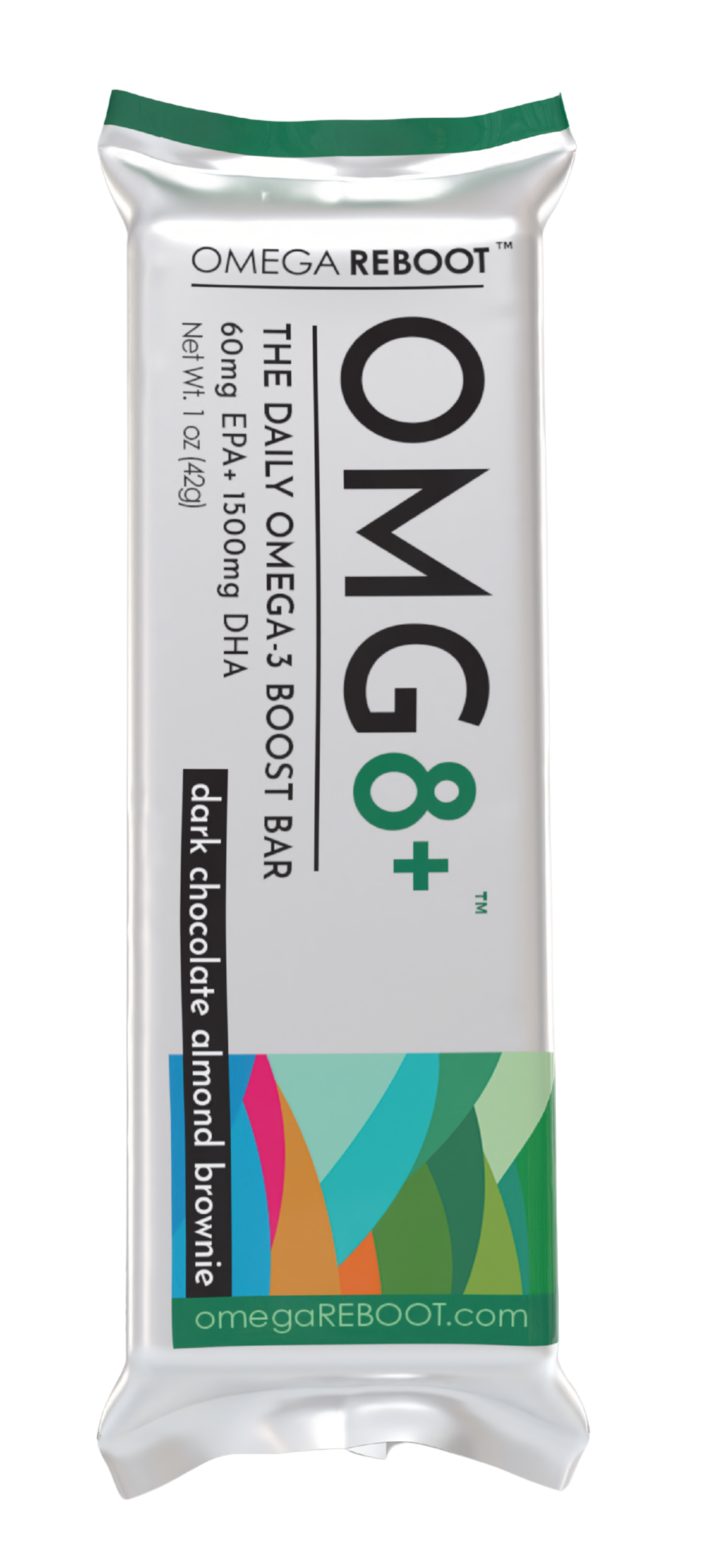 omg8+ daily omega-3 boost bar with 60mg EPA + 1500mg DHA dark almond chocolate brownie
