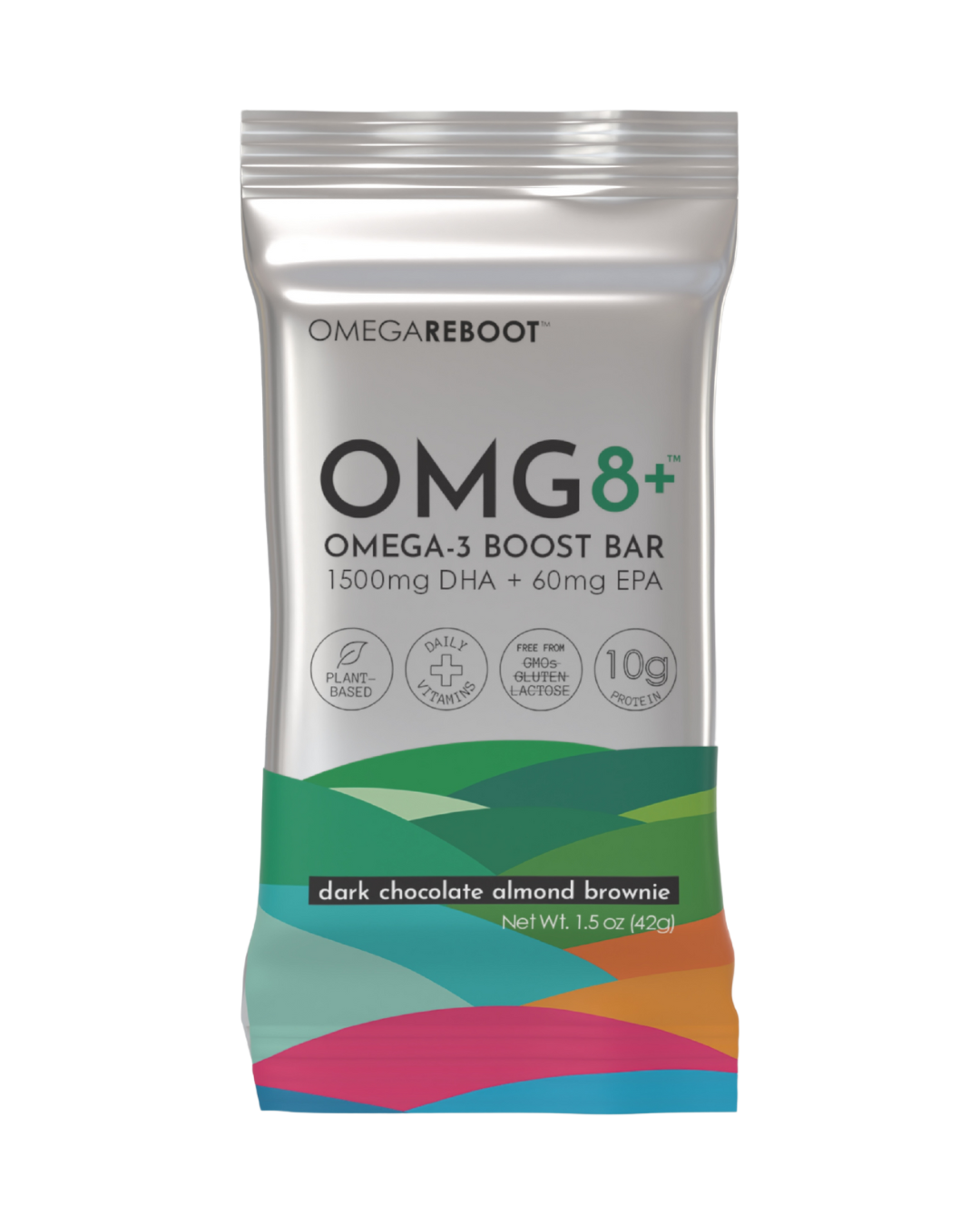 omg8+ daily omega-3 boost bar with 60mg EPA + 1500mg DHA dark almond chocolate brownie